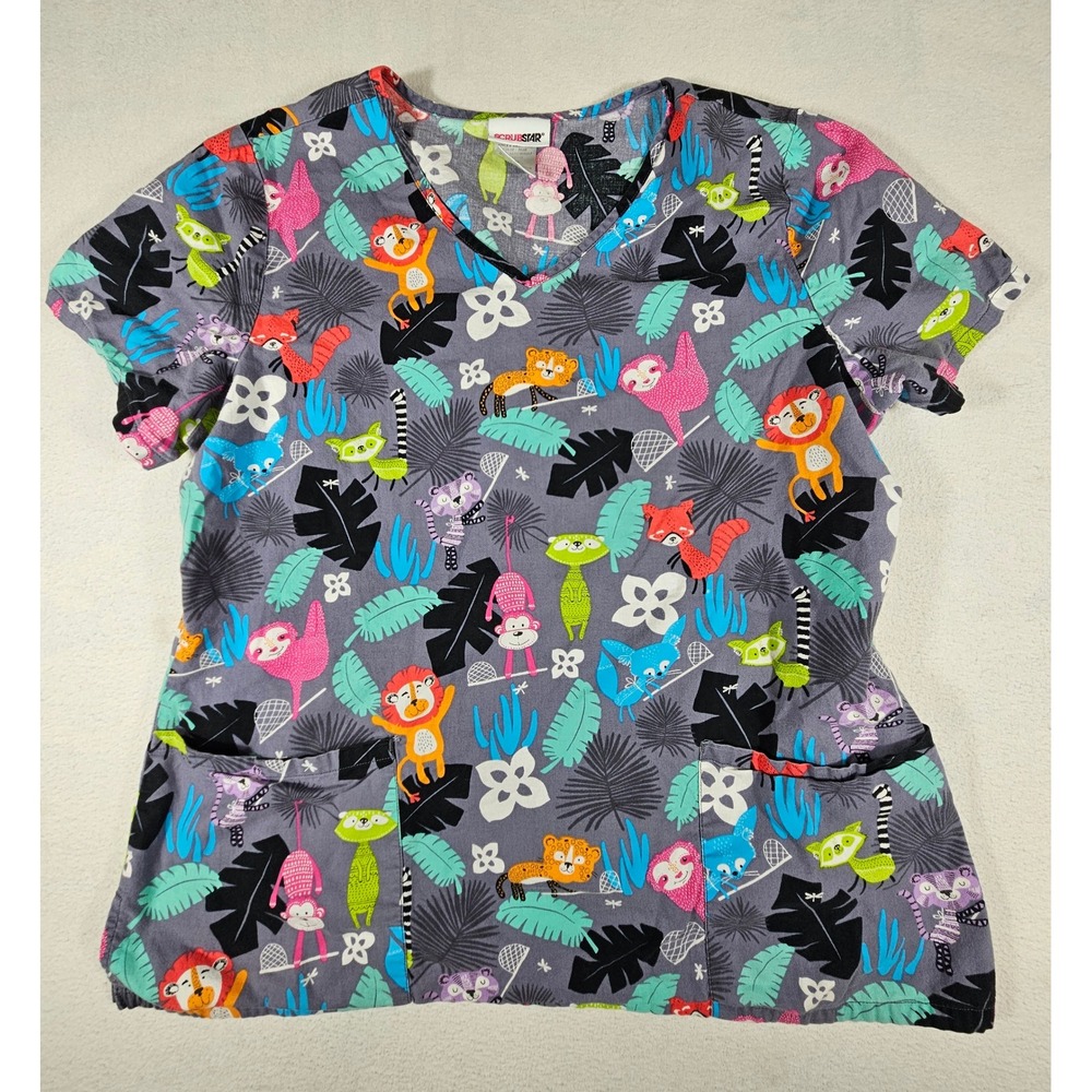 Scrubstar Womens Jungle Animal Print Scrub Top Grey V-Neck Cotton Large 1605